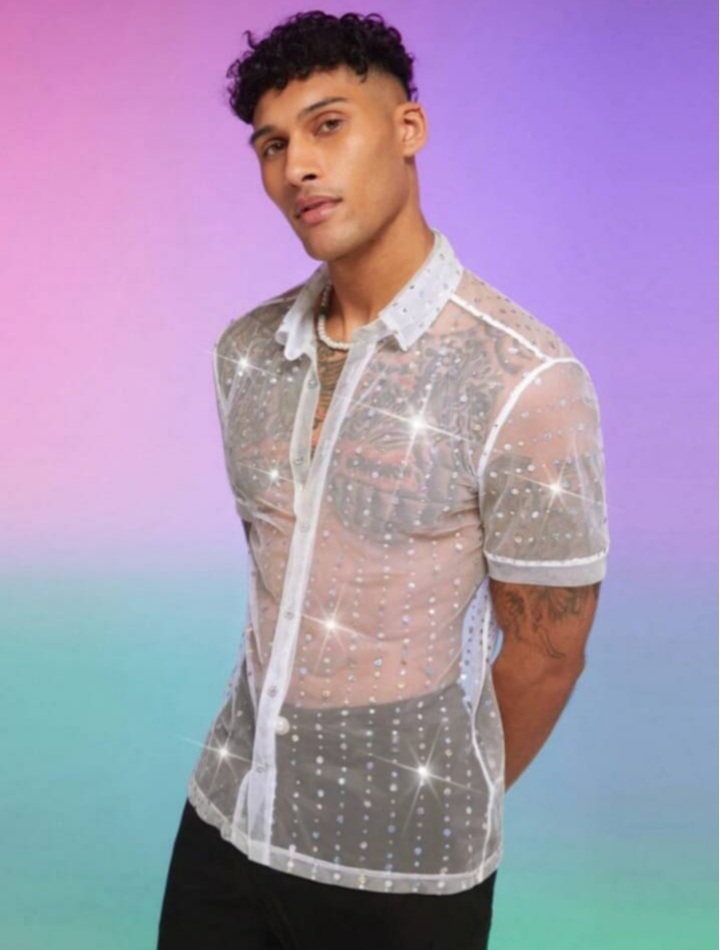 Men's Knitted With Rhinestone Design Slim Fit Short Sleeve Shirt